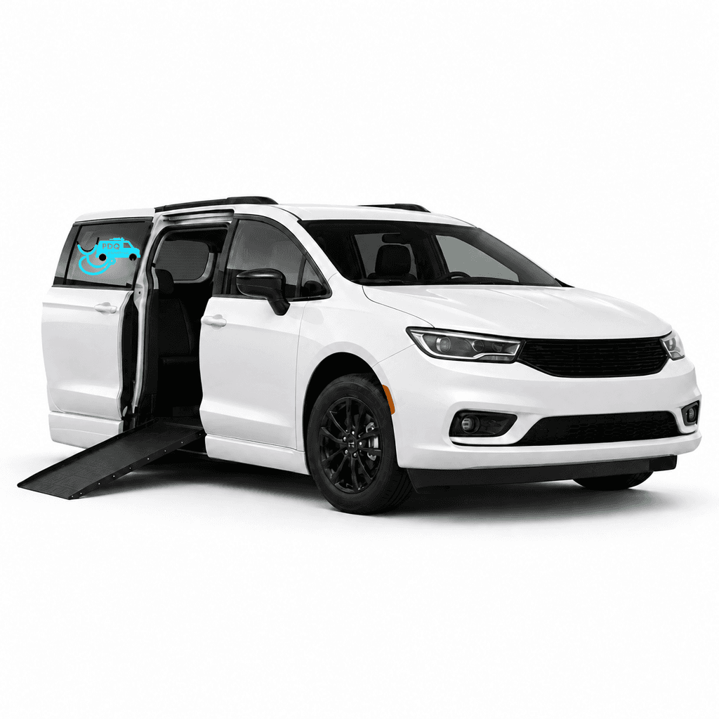 PDQ accessible van with logo on rear tinted window